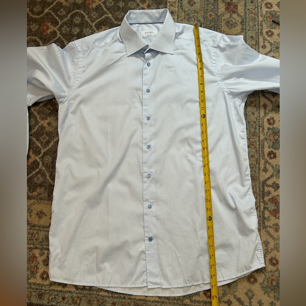 Eton Blue and White Striped Cotton Button Down Shirt - Picture 7 of 7